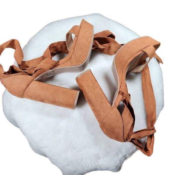 Wild Diva Lounge Suede Lace Up Platform Heeled Ankle Strap Sandals Brown Size 7 - Picture 6 of 9